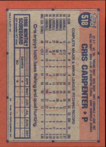 Back of 1991 Topps #518 Cris Carpenter Baseball card featuring original gloss and stats