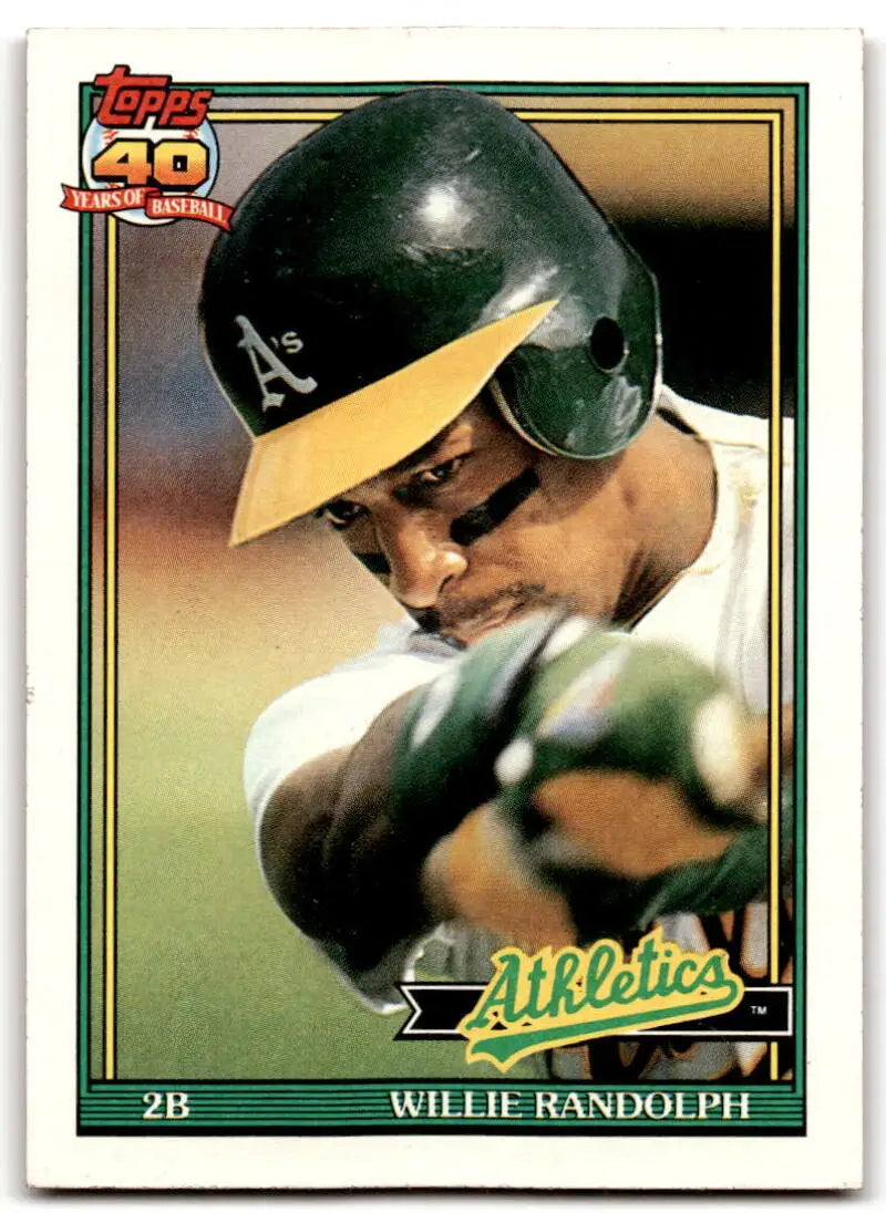 Baseball card of Willie Randolph with Oakland Athletics in green batting helmet