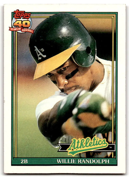 Baseball card of Willie Randolph with Oakland Athletics in green batting helmet
