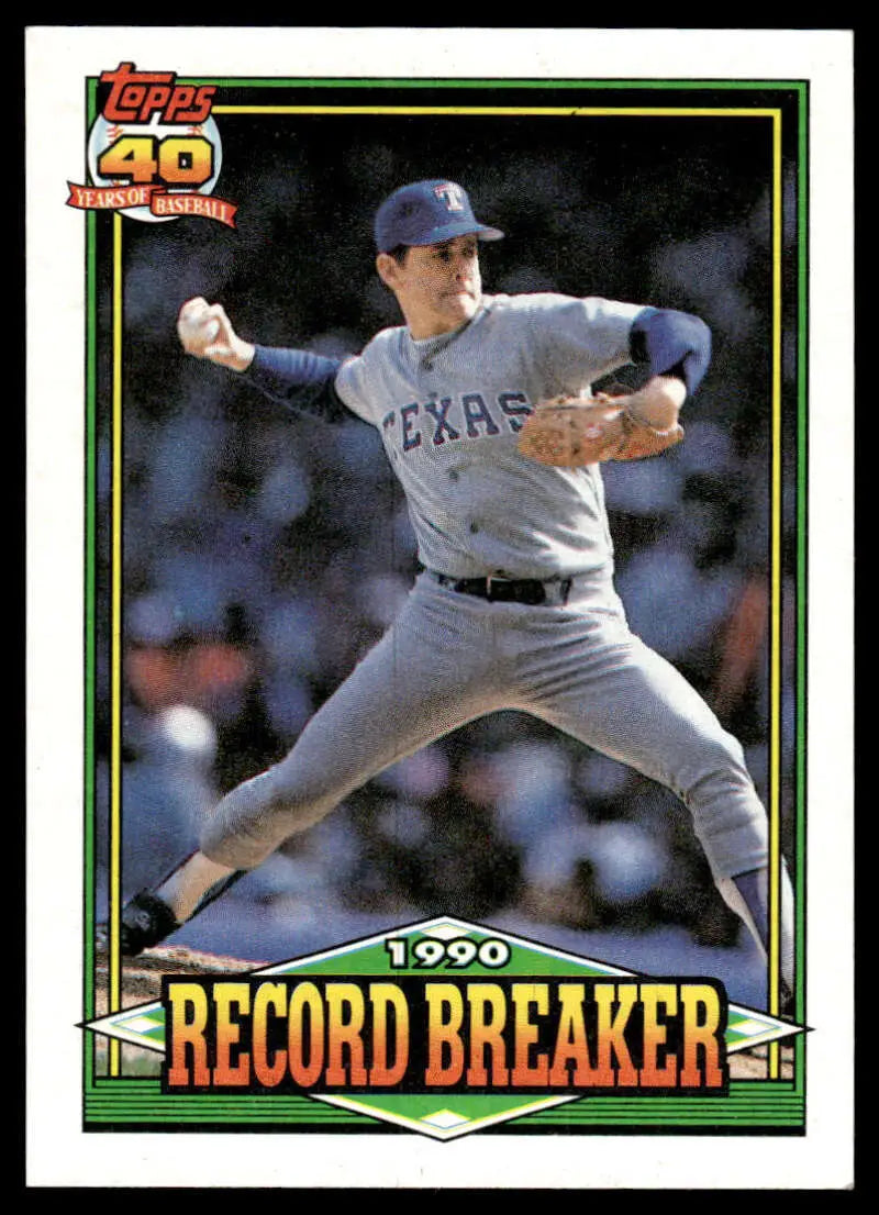 1990 Topps Record Breaker baseball card of Nolan Ryan pitching for Texas Rangers