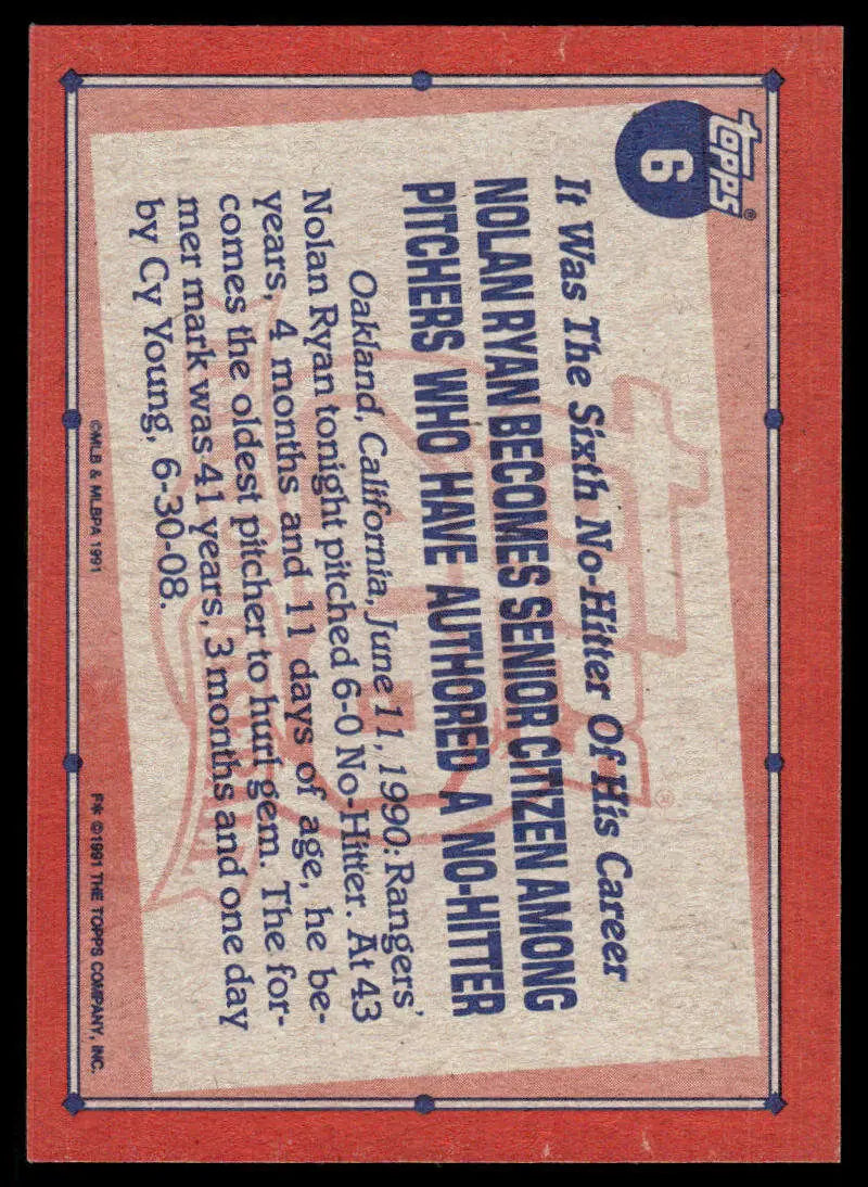 Back of 1991 Topps Nolan Ryan Texas Rangers Baseball Card with visible text