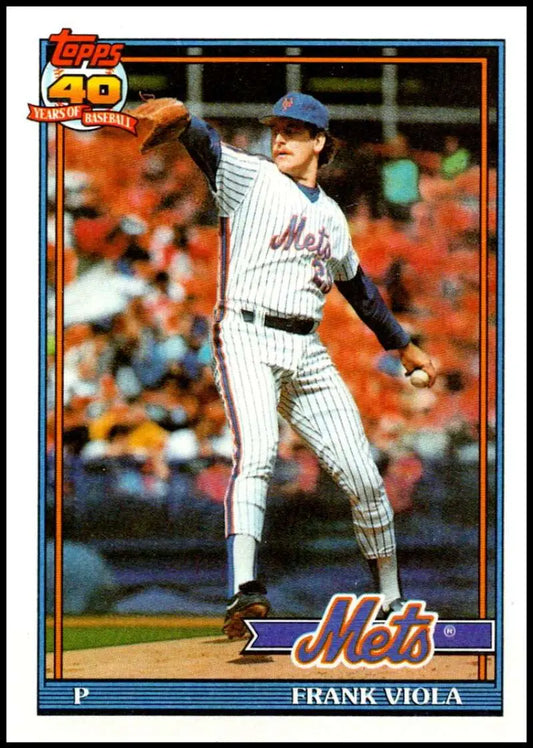 Baseball card of Frank Viola in New York Mets pinstripe uniform and blue cap