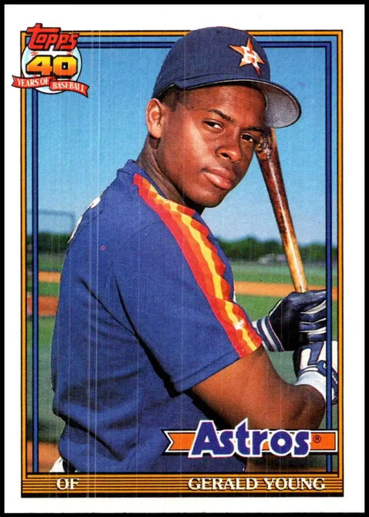 Gerald Young 1991 Topps baseball card of Houston Astros in navy blue uniform