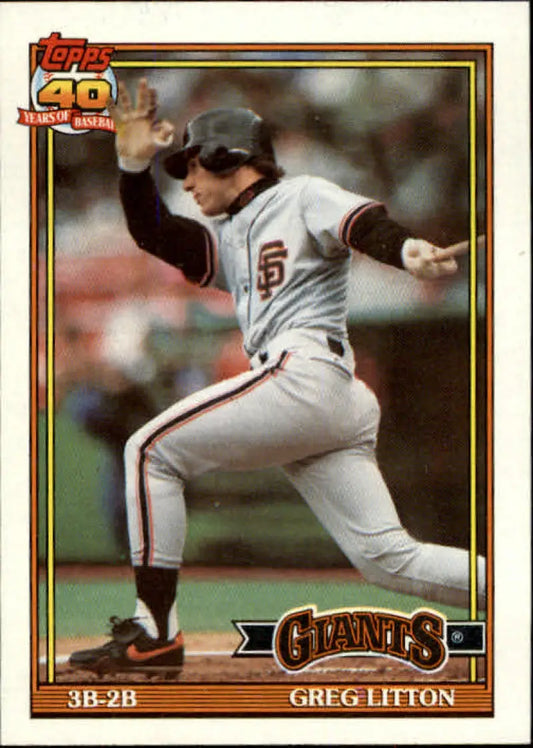 Topps baseball card of Greg Litton in gray San Francisco Giants uniform mid-swing