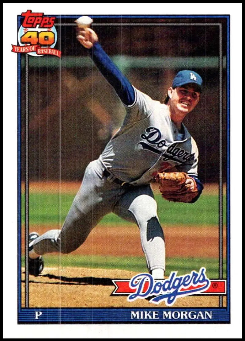 Los Angeles Dodgers baseball card featuring pitcher Mike Morgan in mid-throw