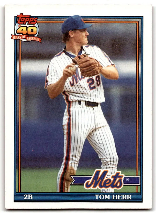 Vintage 1991 Topps Tom Herr Baseball Card featuring New York Mets pinstripe uniform
