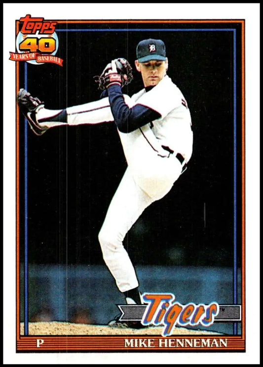 Baseball card of Mike Henneman, Detroit Tigers pitcher in delivery stance