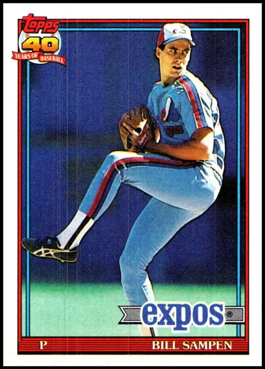 Montreal Expos Baseball Card of Bill Sampen in wind-up pose in blue uniform