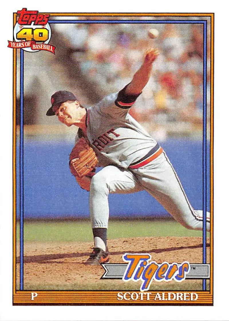 Scott Aldred mid-delivery in gray uniform on 1991 Topps Detroit Tigers baseball card