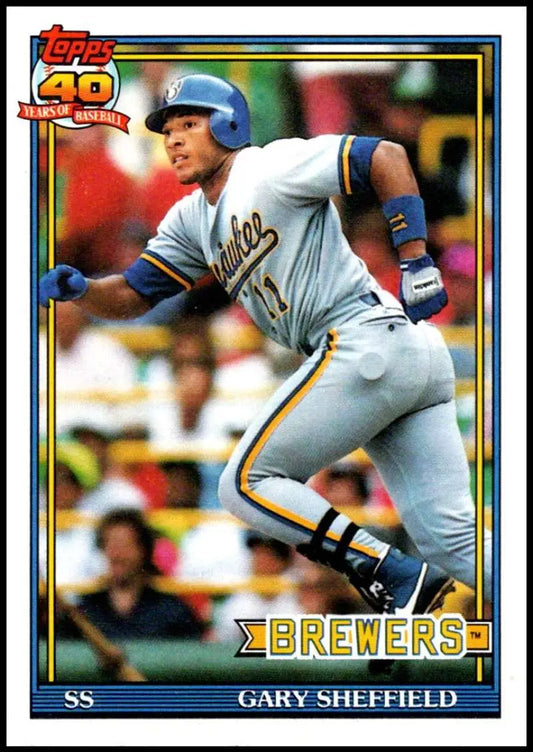 Baseball card of Gary Sheffield batting in a white Milwaukee Brewers uniform