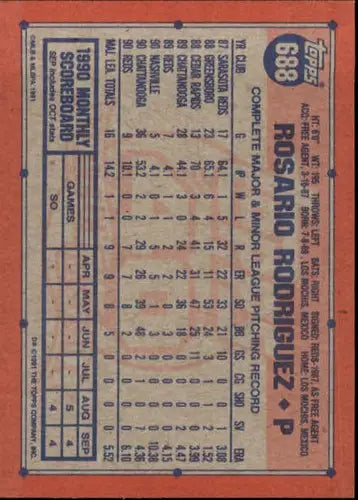 Original gloss Rosario Rodriguez rookie reds baseball card from 1991 Topps #688