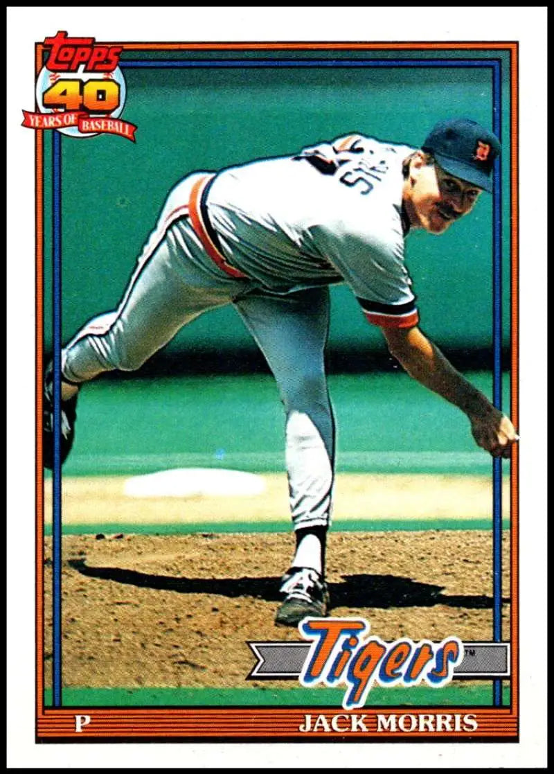 Baseball pitcher Jack Morris in Detroit Tigers uniform delivering on the mound