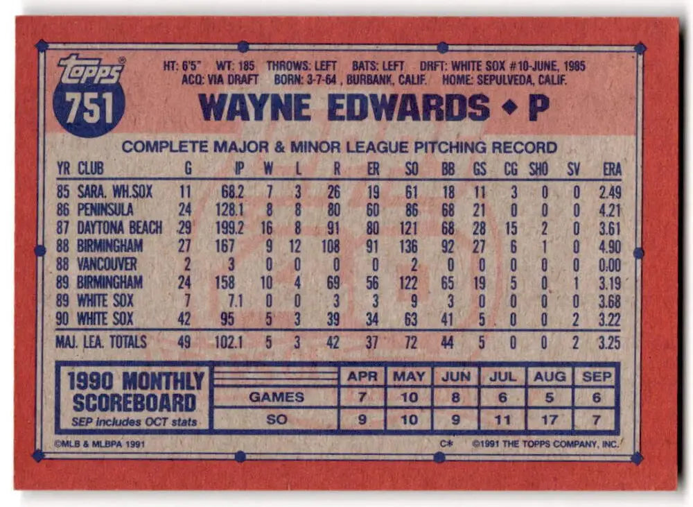 1991 Topps Wayne Edwards baseball card featuring Chicago White Sox pitching stats