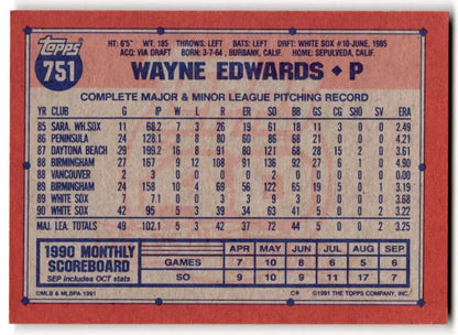 1991 Topps Wayne Edwards baseball card featuring Chicago White Sox pitching stats
