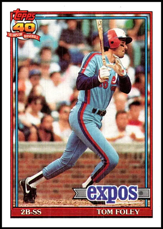 Montreal Expos Tom Foley at bat in powder blue uniform on 1991 Topps baseball card