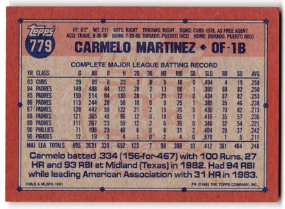 Back of 1991 Topps Carmelo Martinez Pittsburgh Pirates baseball card