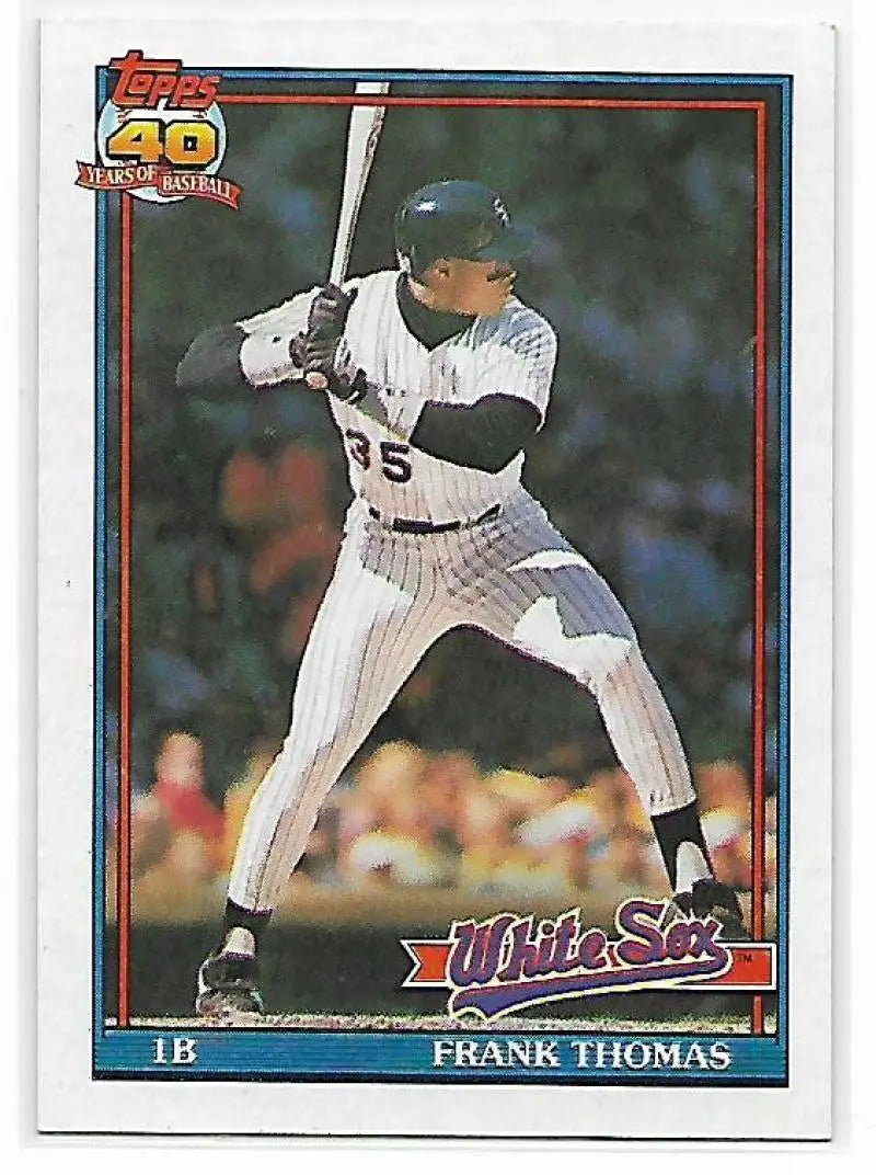 Baseball card of Frank Thomas in pinstriped uniform for Chicago White Sox fans