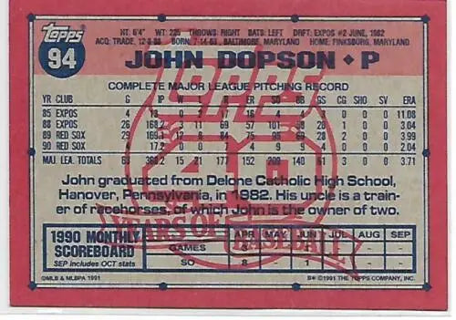 1991 Topps #94 John Dopson NM-MT baseball card with original gloss, Red Sox collectible