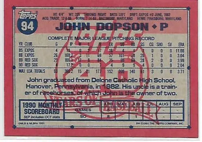 1991 Topps #94 John Dopson NM-MT baseball card with original gloss, Red Sox collectible