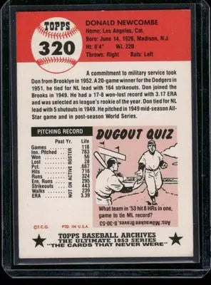 Baseball trading card of Donald Newcombe from 1991 Topps Archives Don Newcombe series