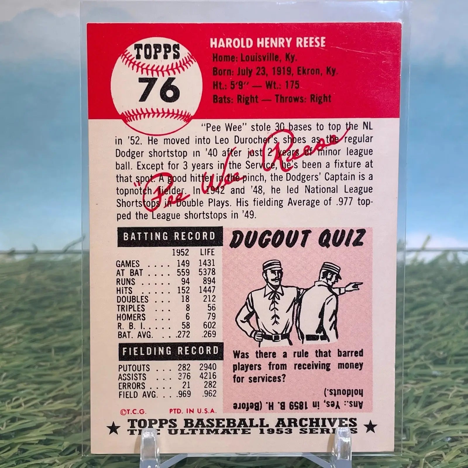 Baseball trading card of Pee Wee Reese from 1991 Topps Archives Brooklyn Dodgers series