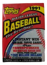 Unopened 1991 Topps Baseball Pack featuring Major League Baseball trading cards