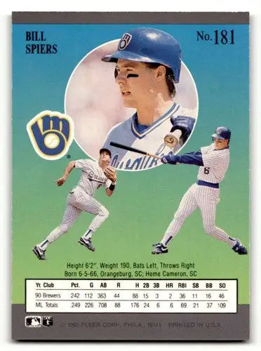 1991 Ultra #181 Bill Spiers Milwaukee Brewers Baseball Cards EX/NM ID:54010 - Baseball Cards
