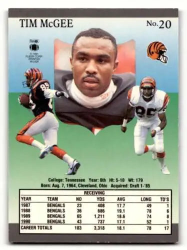 Tim McGee Cincinnati Bengals football card in original gloss condition 1991 Ultra #20
