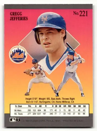 1991 Ultra #221 Gregg Jefferies New York Mets Baseball Cards EX/NM ID:53999 - Baseball Cards