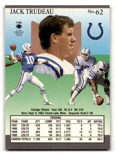 1991 Ultra #62 Jack Trudeau Indianapolis Colts football card with original gloss finish