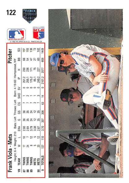 Baseball card of Frank Viola in New York Mets dugout wearing white uniform, Upper Deck