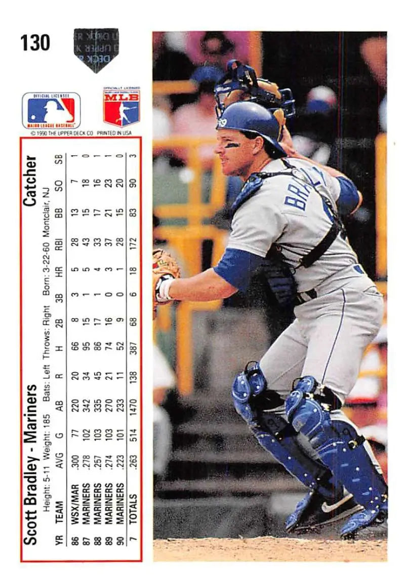 Scott Bradley Seattle Mariners catcher in blue uniform crouching on Upper Deck trading card
