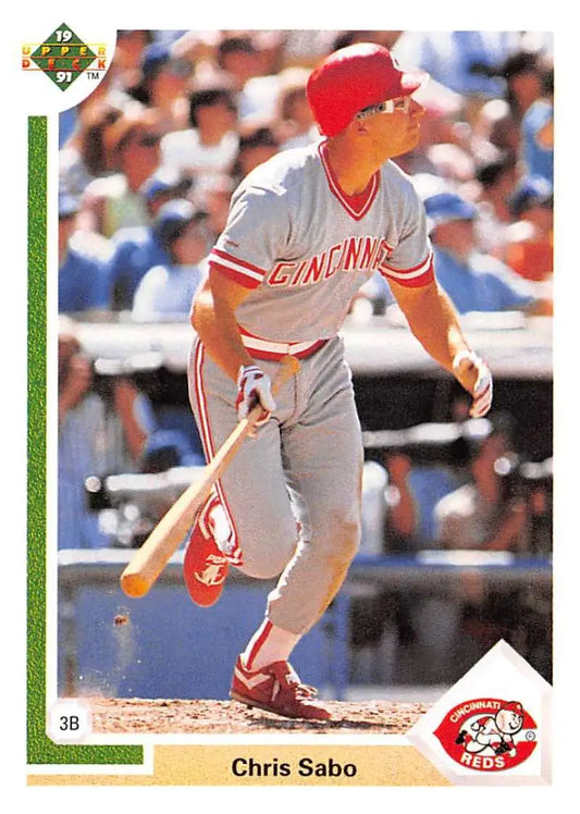 Chris Sabo at bat in a gray uniform on 1991 Upper Deck Cincinnati Reds Baseball Card
