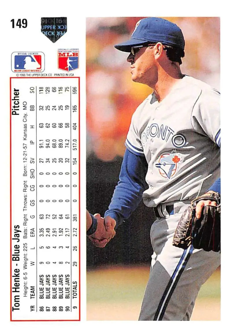 Baseball card of Tom Henke in Toronto Blue Jays road gray uniform from Upper Deck