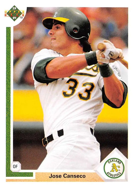 Oakland Athletics Jose Canseco mid-swing in 1991 Upper Deck #155 Baseball Card