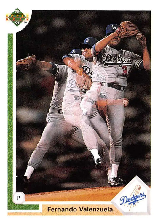 Fernando Valenzuela mid-delivery on 1991 Upper Deck baseball card from Los Angeles Dodgers