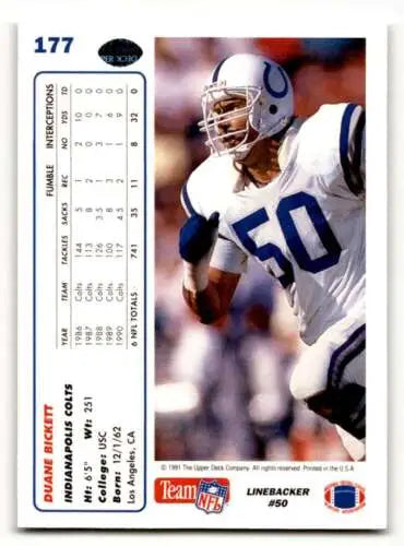 Original gloss 1991 Upper Deck #177 Duane Bickett Indianapolis Colts Football Card