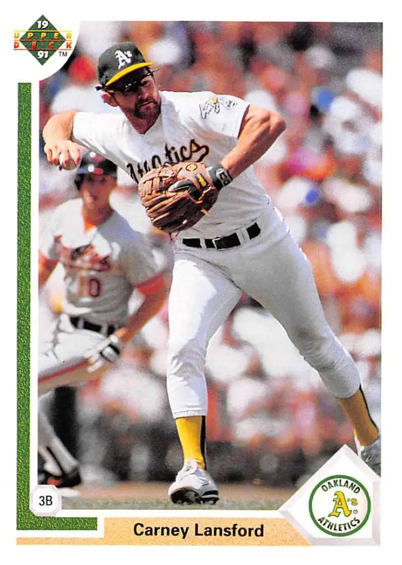 Carney Lansford in Oakland Athletics uniform making a throw, Upper Deck baseball card