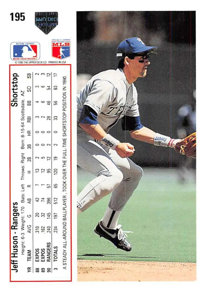 Baseball card of Jeff Huson in gray uniform fielding for Texas Rangers