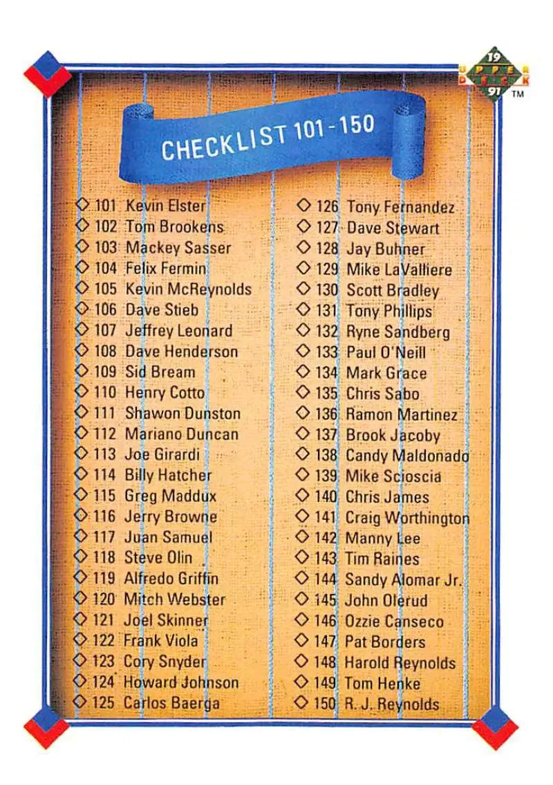 Baseball card checklist featuring player names 101-150 from 1991 Upper Deck set