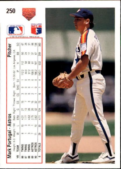 Baseball card of Mark Portugal in white and blue uniform for Houston Astros