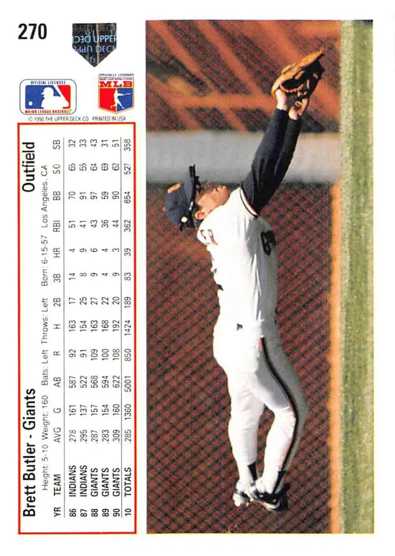 Brett Butler leaps to catch a ball in a white uniform for the San Francisco Giants