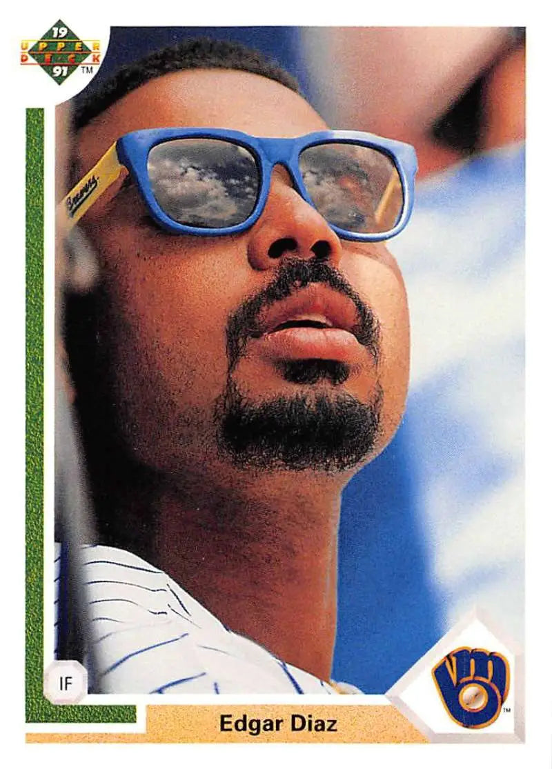Edgar Diaz in blue sunglasses wearing a Milwaukee Brewers uniform baseball card
