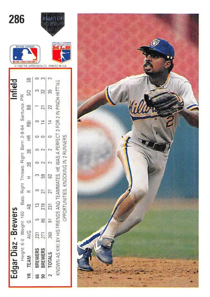 Edgar Diaz in delivery motion on 1991 Upper Deck Milwaukee Brewers baseball card