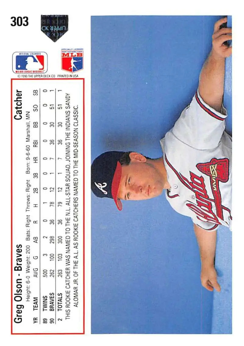 Greg Olson Atlanta Braves baseball card in white uniform reaching upward