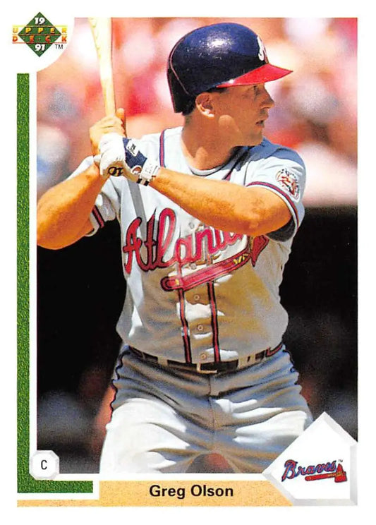 Greg Olson at bat in Atlanta Braves away uniform on 1991 Upper Deck baseball card
