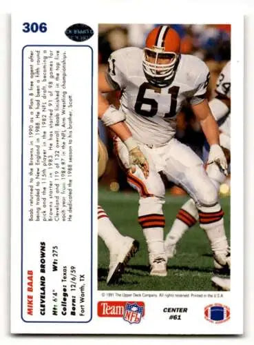1991 Upper Deck #306 Mike Baab Cleveland Browns Football Card with original gloss