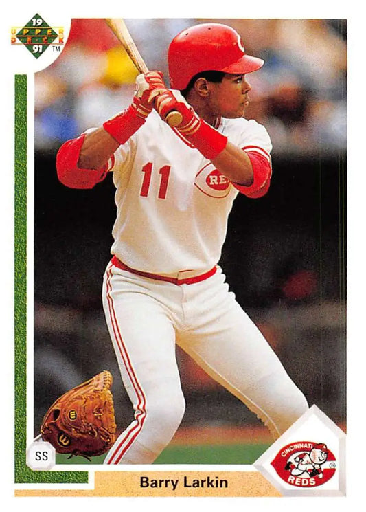 Barry Larkin in batting stance on a 1991 Upper Deck Cincinnati Reds baseball card