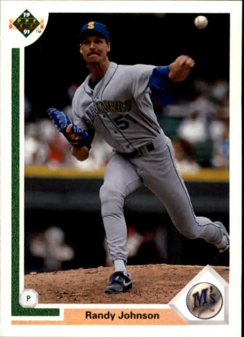 Randy Johnson delivering a pitch in Seattle Mariners uniform for Upper Deck card