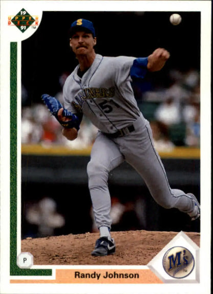 Randy Johnson delivering a pitch in Seattle Mariners uniform for Upper Deck card
